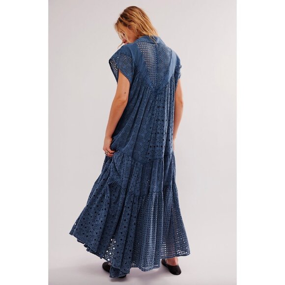 Free People Marieanne Eyelet Maxi Dress in Legion Blue Size Large - Picture 2 of 5